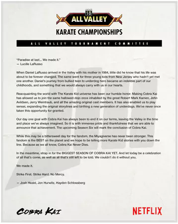 Cobra Kai maker's note for the fans